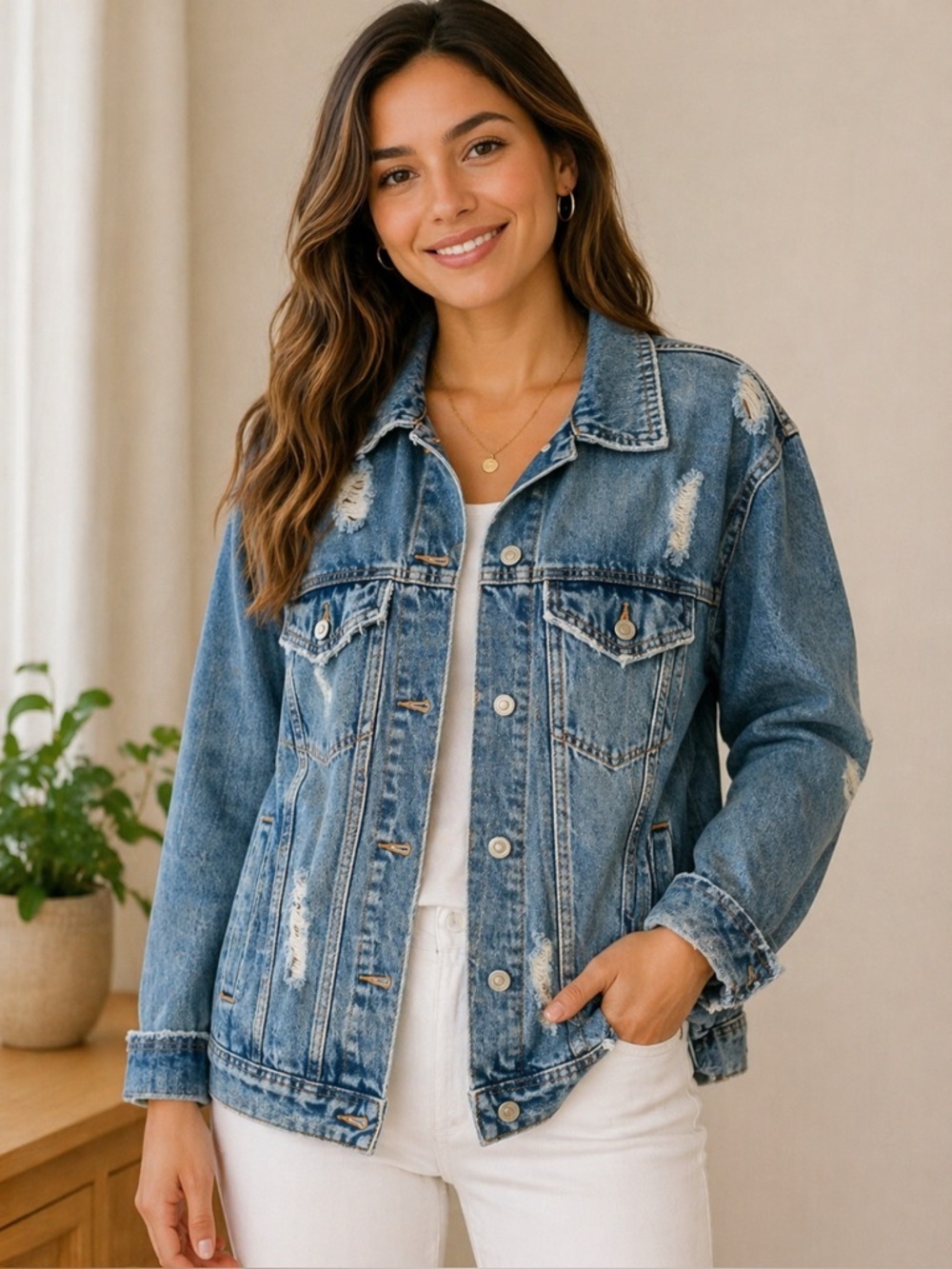 Classic Blue Distressed Denim Jacket - Women-Size-Large 11-13